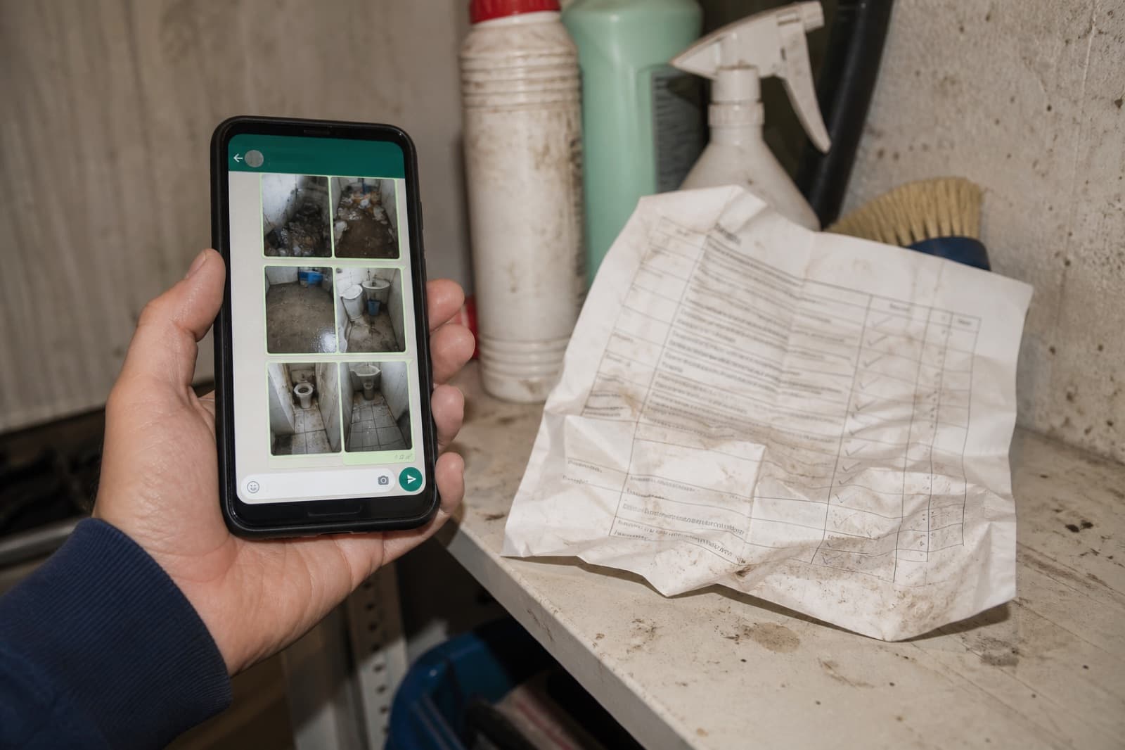 Parte de papel y móvil con chats de fotos sueltas en un cuarto de limpieza