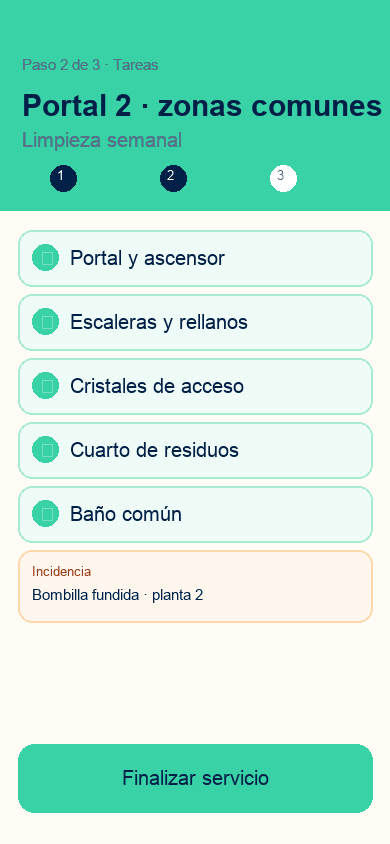 Pantalla de app de operario con checklist del servicio