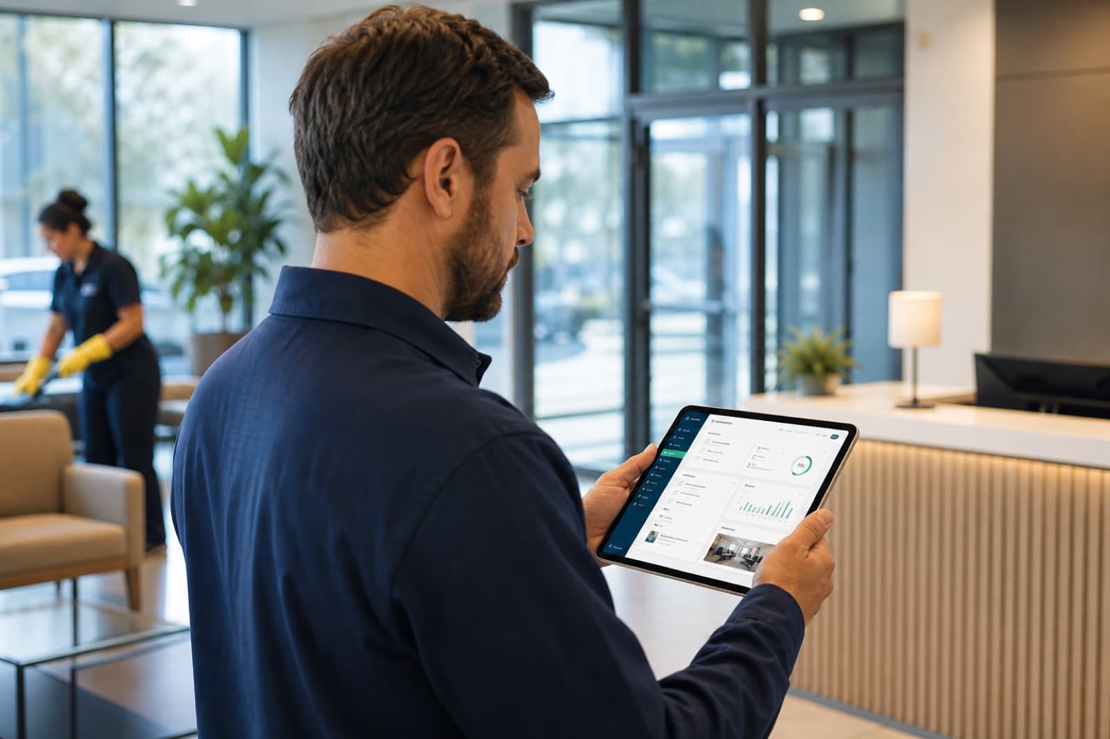 Responsable de limpieza revisando un parte de servicio en una tablet